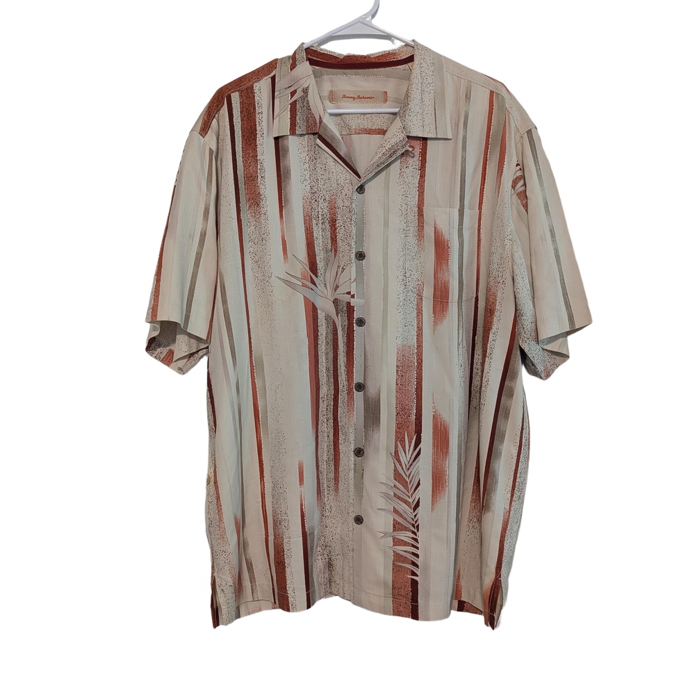 Tommy Bahama Camp Shirt Mens Large Brown Palm Print Silk Hawaiian